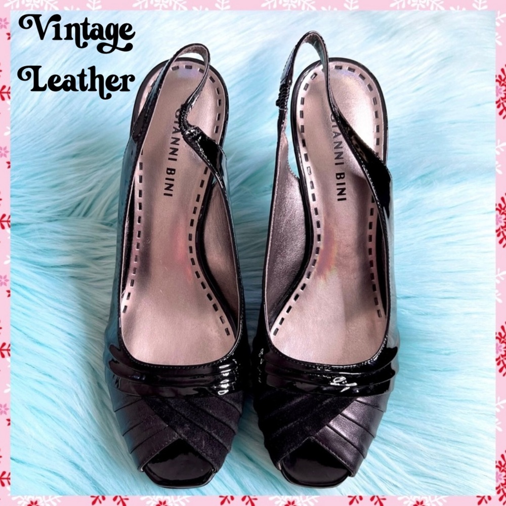 Gianni Bini Black Y2K Patent LEATHER Slingback Open Toe Heels Women 7.5